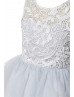 Ivory Lace Gray Tulle Knee Length Flower Girl Dress